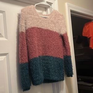 Blue pink and violet fuzzy sweater